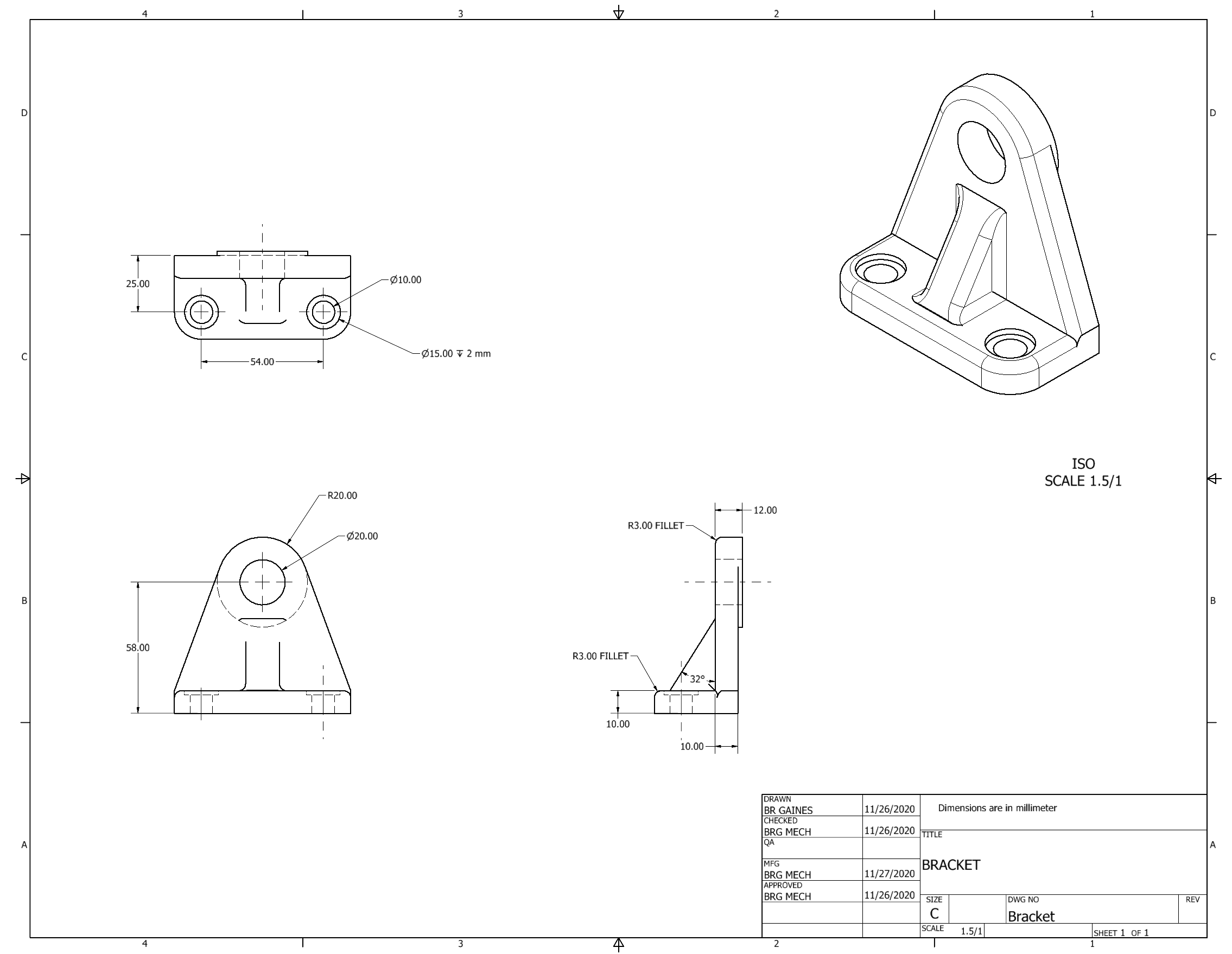 Orthographic Projection of Bracket